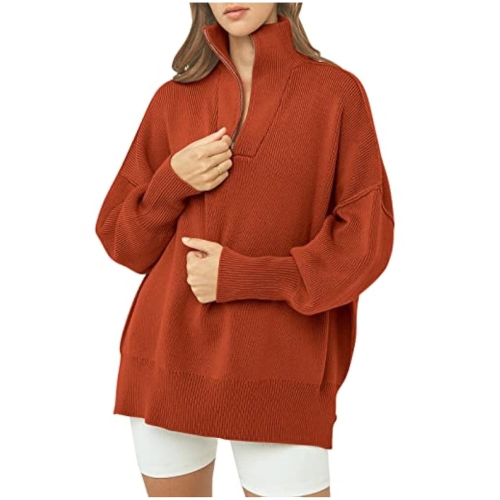 Oversized Rust Zip-Neck Sweater - Women